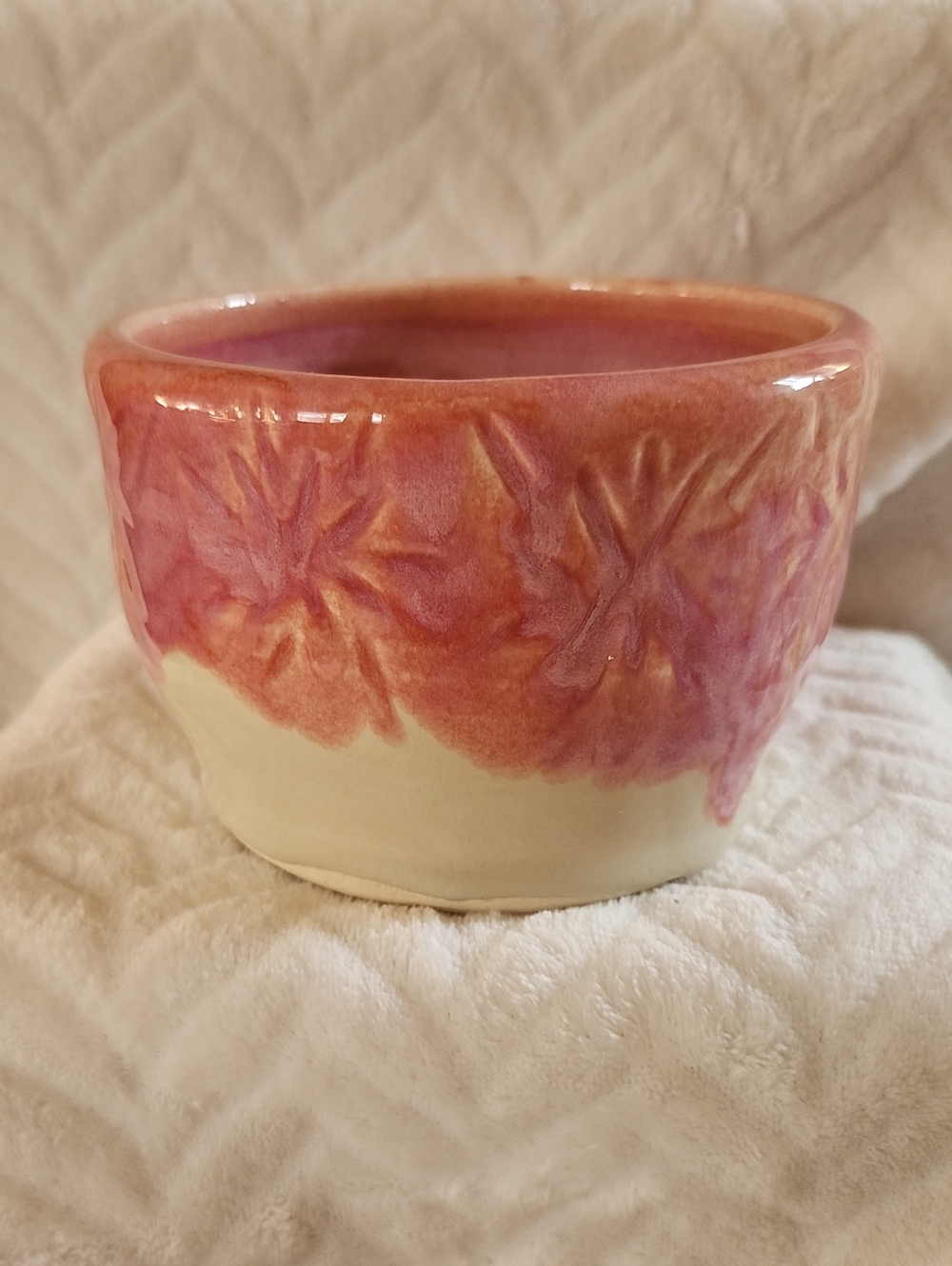 Pink Glazed Ceramic Planter with Leaf Relief